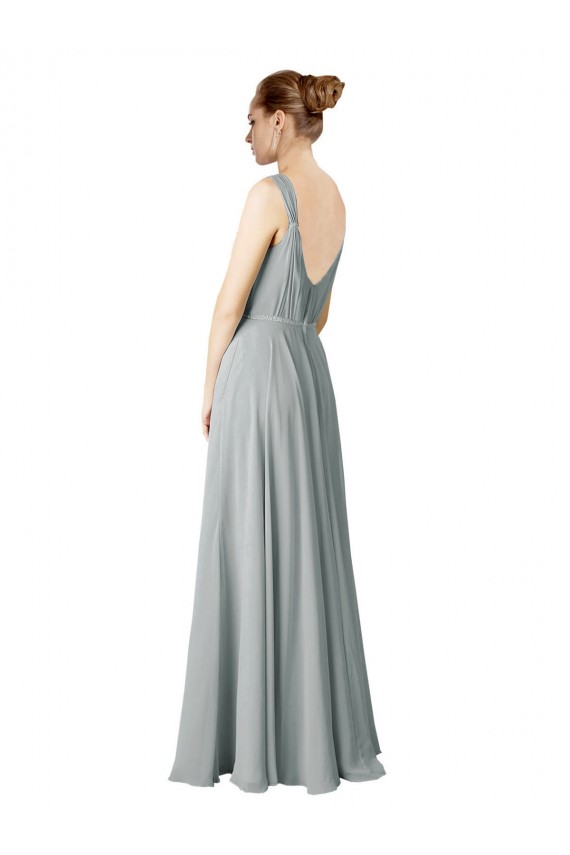 Argent Trapèze Col V Mousseline Longue Robes demoiselle d'honneur Outlet