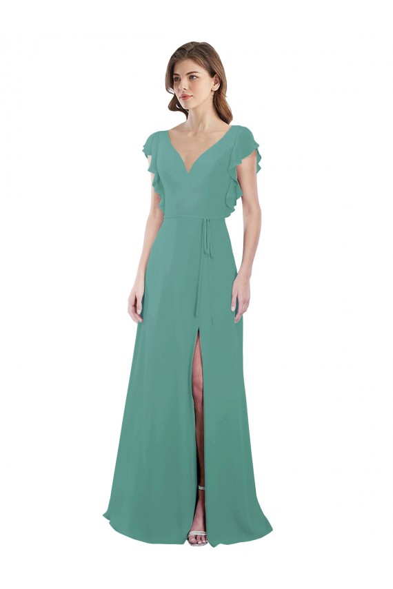 Argent islandais Trapèze Col V Mousseline Longue Robes demoiselle d'honneur Outlet