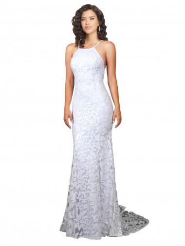Blanc Fourreau Col Haut Balayage train Dentelle Robes de mariée Pas Chre