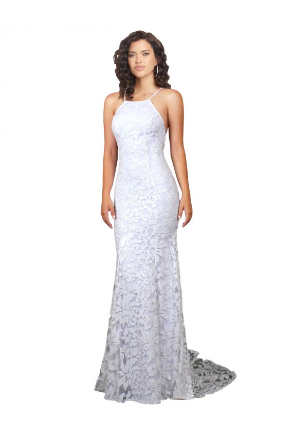 Blanc Fourreau Col Haut Balayage train Dentelle Robes de mariée Outlet