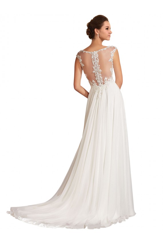 Blanc Fourreau Col V Mousseline Dentelle Robes de mariée Outlet