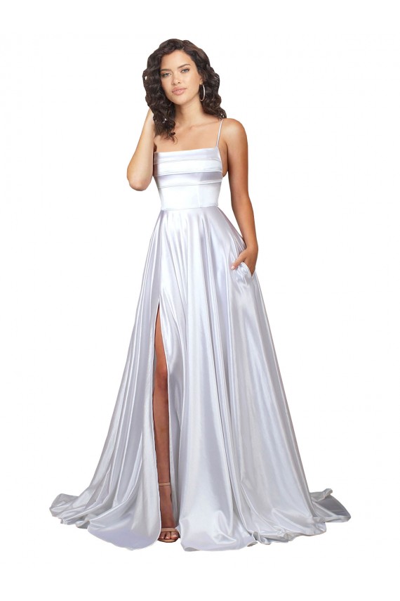 Blanc Trapèze Bretelles spaghetti Satiné Stretch Simple Plage Robes de mariée Outlet