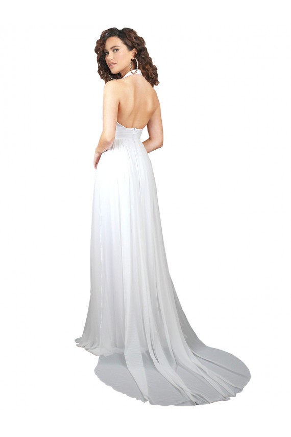 Blanc Trapèze Col V Balayage train Mousseline Longue Robes demoiselle d'honneur Outlet