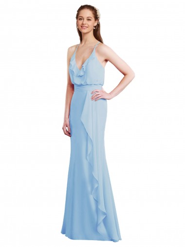 Bleu ciel clair Sirène Bretelles spaghetti Col V Mousseline Longue Robes demoiselle d'honneur Pas Chre