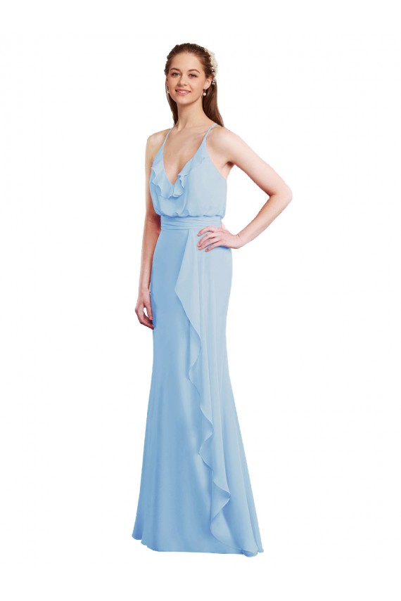 Bleu ciel clair Sirène Bretelles spaghetti Col V Mousseline Longue Robes demoiselle d'honneur Outlet