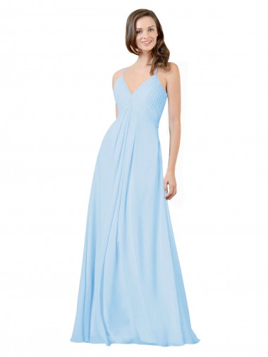 Bleu ciel clair Trapèze Bretelles spaghetti Col V Mousseline Longue Robes demoiselle d'honneur Pas Chre