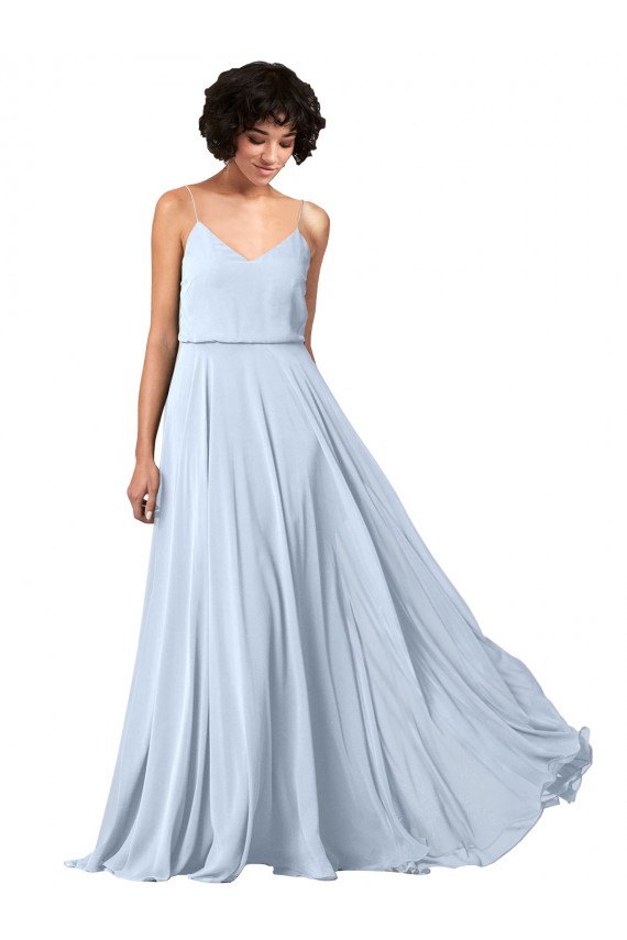 Bleu ciel clair Trapèze Bretelles spaghetti Col V Mousseline Longue Robes demoiselle d'honneur Outlet