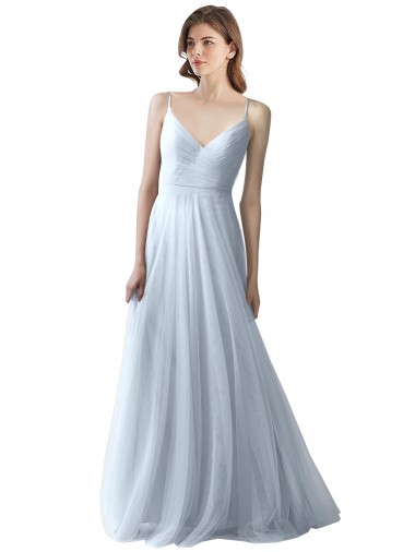 Bleu ciel clair Trapèze Bretelles spaghetti Col V Tulle Longue Robes demoiselle d'honneur Pas Chre