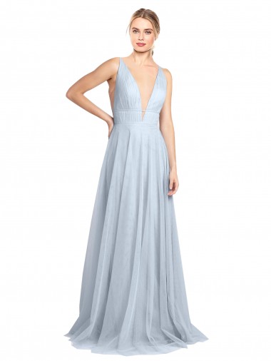Bleu ciel clair Trapèze Bretelles spaghetti Col V Tulle Longue Robes demoiselle d'honneur Pas Chre