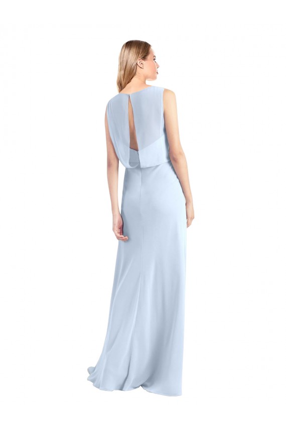Bleu ciel clair Trapèze Col V Mousseline Longue Robes demoiselle d'honneur Outlet