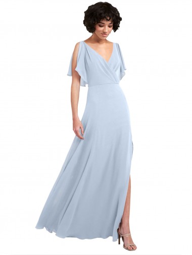 Bleu ciel clair Trapèze Col V Mousseline Longue Robes demoiselle d'honneur Pas Chre