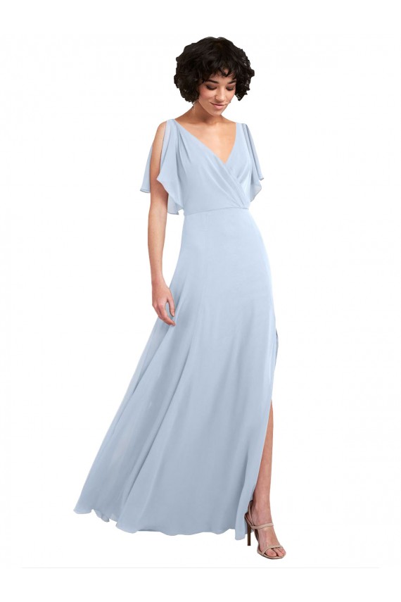 Bleu ciel clair Trapèze Col V Mousseline Longue Robes demoiselle d'honneur Outlet