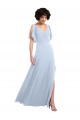 Bleu ciel clair Trapèze Col V Mousseline Longue Robes demoiselle d'honneur Outlet