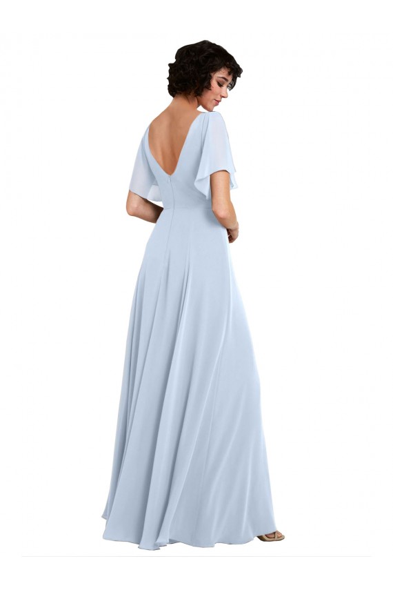 Bleu ciel clair Trapèze Col V Mousseline Longue Robes demoiselle d'honneur Outlet