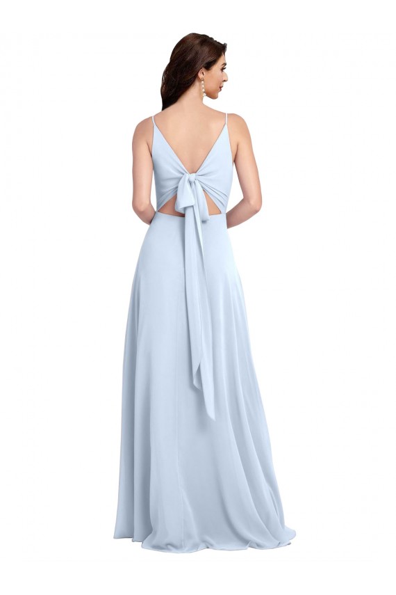 Bleu ciel clair Trapèze Col V Mousseline Longue Robes demoiselle d'honneur Outlet