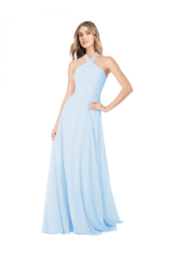 Bleu ciel clair Trapèze Licou Col Haut Mousseline Longue Robes demoiselle d'honneur Outlet