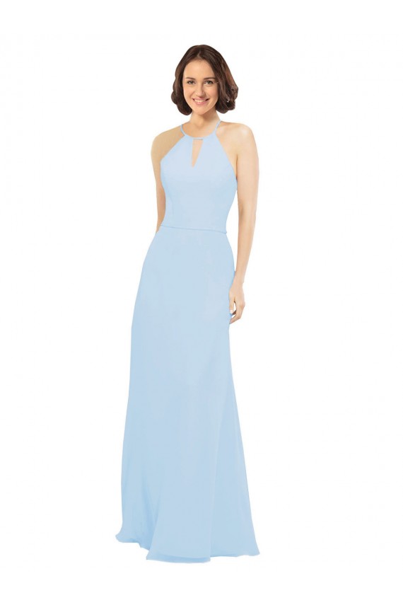 Bleu ciel clair Trapèze Licou Mousseline Longue Robes demoiselle d'honneur Outlet