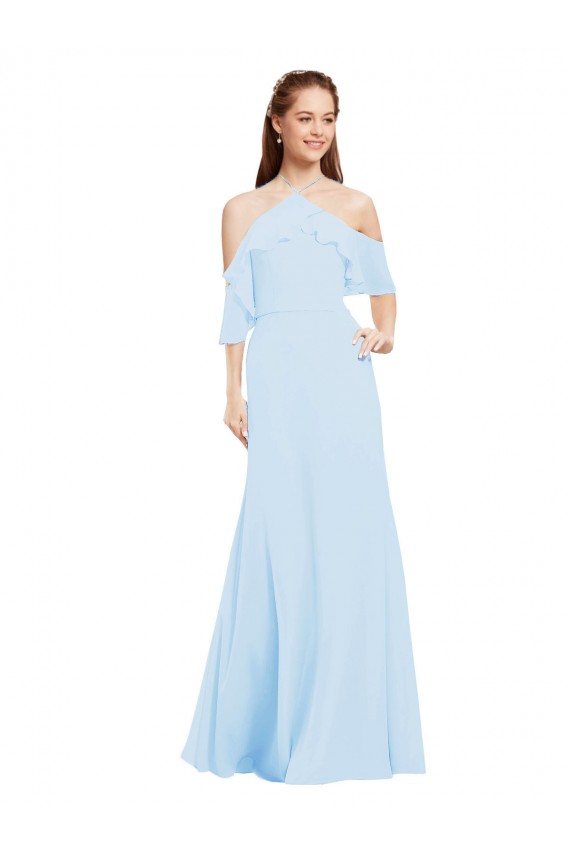 Bleu ciel clair Trapèze Licou Mousseline Longue Robes demoiselle d'honneur Outlet