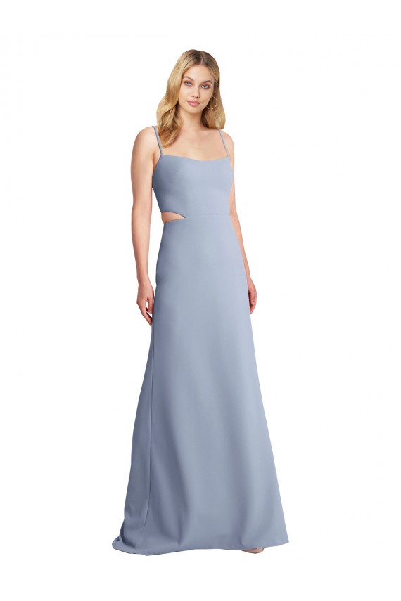 Bleu fumée Trapèze Bretelles spaghetti Scoop Crêpe Stretch Longue Robes demoiselle d'honneur / Robes de bal Outlet