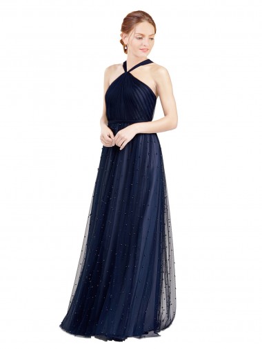Bleu marine 21 Trapèze Licou Tulle Longue Robes demoiselle d'honneur Pas Chre