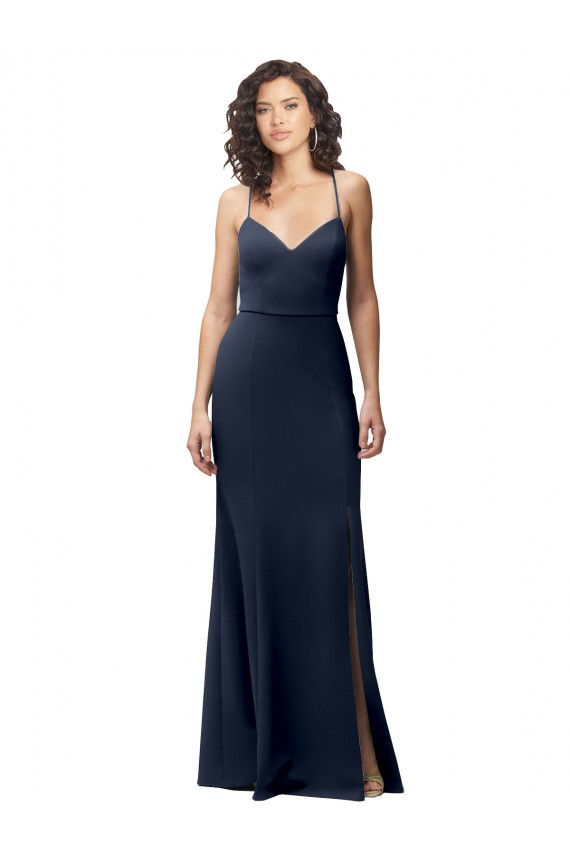 Bleu marine foncé Fourreau Bretelles spaghetti Crêpe Stretch Longue Formelles Robes demoiselle d'honneur / Robes de soirée / Robes de bal Outlet