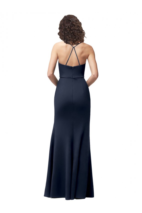 Bleu marine foncé Fourreau Bretelles spaghetti Crêpe Stretch Longue Formelles Robes demoiselle d'honneur / Robes de soirée / Robes de bal Outlet