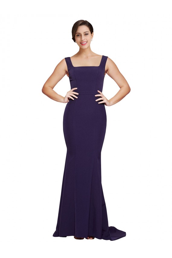 Bleu marine foncé Fourreau Col Carré Balayage train Crêpe Stretch Longue Robes demoiselle d'honneur / Robes de bal Outlet