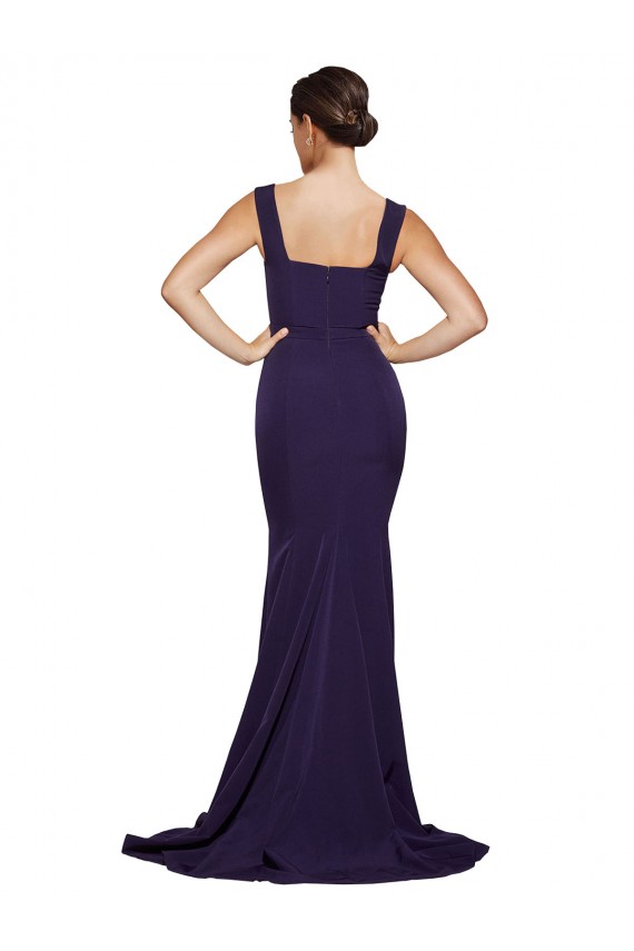 Bleu marine foncé Fourreau Col Carré Balayage train Crêpe Stretch Longue Robes demoiselle d'honneur / Robes de bal Outlet