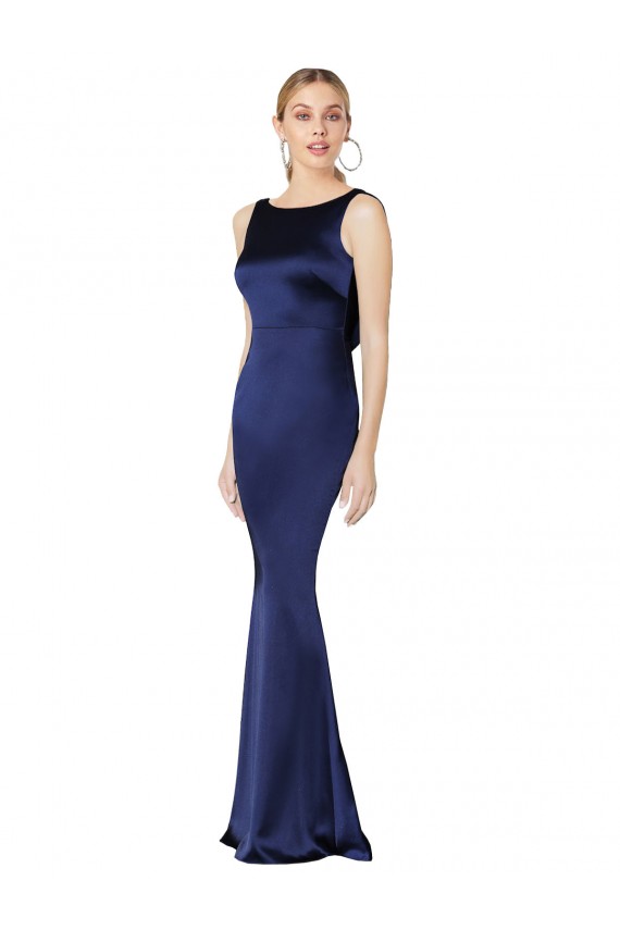 Bleu marine foncé Fourreau Licou Col Haut Satiné Stretch Longue Formelles Robes demoiselle d'honneur / Robes de soirée / Robes de bal Outlet