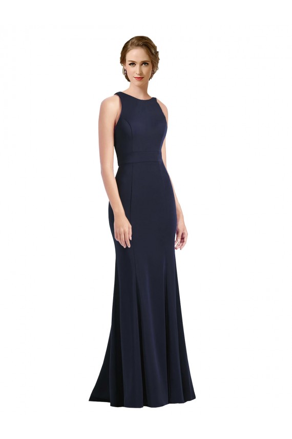 Bleu marine foncé Fourreau Scoop Col Haut Crêpe Stretch Longue Robes demoiselle d'honneur / Robes de bal Outlet