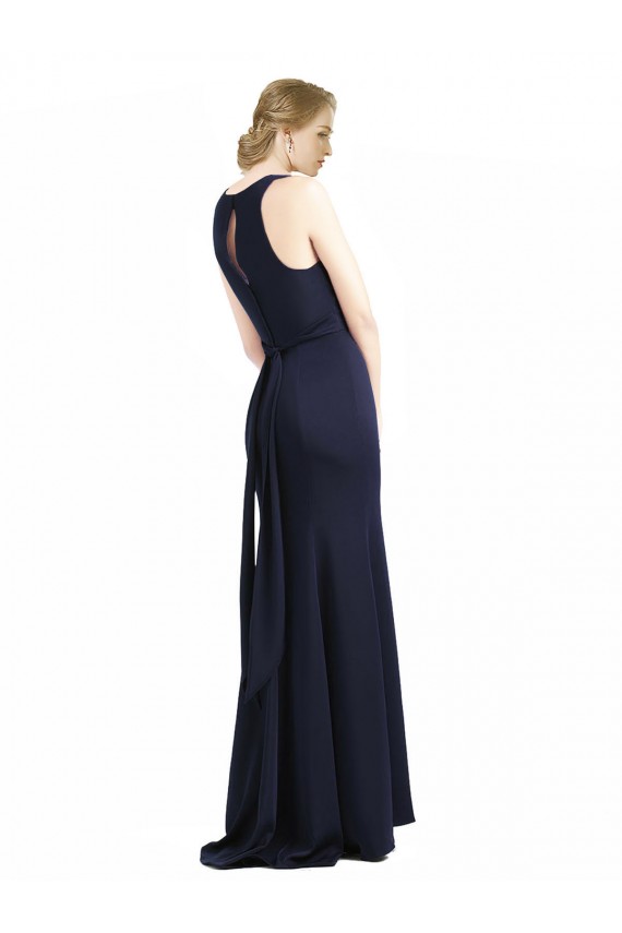 Bleu marine foncé Fourreau Scoop Col Haut Crêpe Stretch Longue Robes demoiselle d'honneur / Robes de bal Outlet