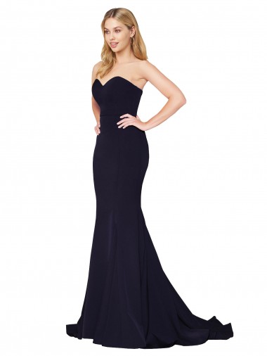 Bleu marine foncé Sirène Col Haut Balayage train Crêpe Stretch Longue Formelles Robes demoiselle d'honneur / Robes de soirée / Robes de bal Pas Chre
