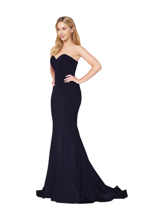 Bleu marine foncé Sirène Col Haut Balayage train Crêpe Stretch Longue Formelles Robes demoiselle d'honneur / Robes de soirée / Robes de bal Outlet