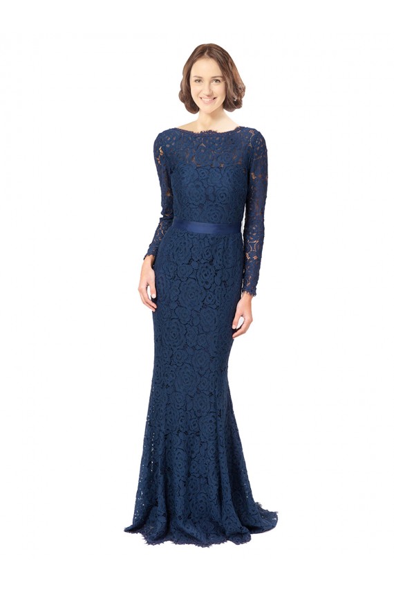 Bleu marine foncé Sirène Col bijou Balayage train Dentelle Longue Robes demoiselle d'honneur Outlet
