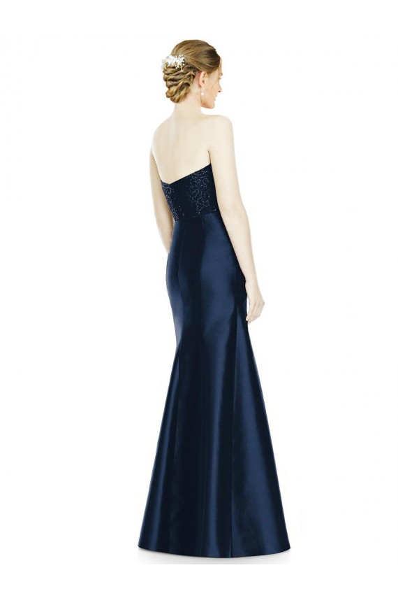 Bleu marine foncé Sirène Sans bretelle Satiné Longue Robes demoiselle d'honneur Outlet