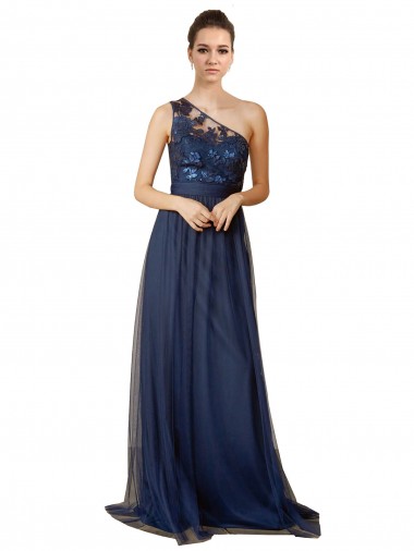 Bleu marine foncé Trapèze Balayage train Tulle Longue Robes demoiselle d'honneur Pas Chre