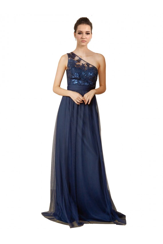 Bleu marine foncé Trapèze Balayage train Tulle Longue Robes demoiselle d'honneur Outlet