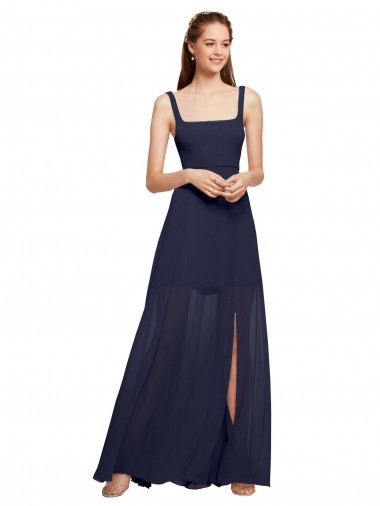 Bleu marine foncé Trapèze Bretelles spaghetti Col Carré Mousseline Longue Robes demoiselle d'honneur Pas Chre