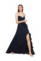 Bleu marine foncé Trapèze Bretelles spaghetti Col V Mousseline Longue Robes demoiselle d'honneur Outlet