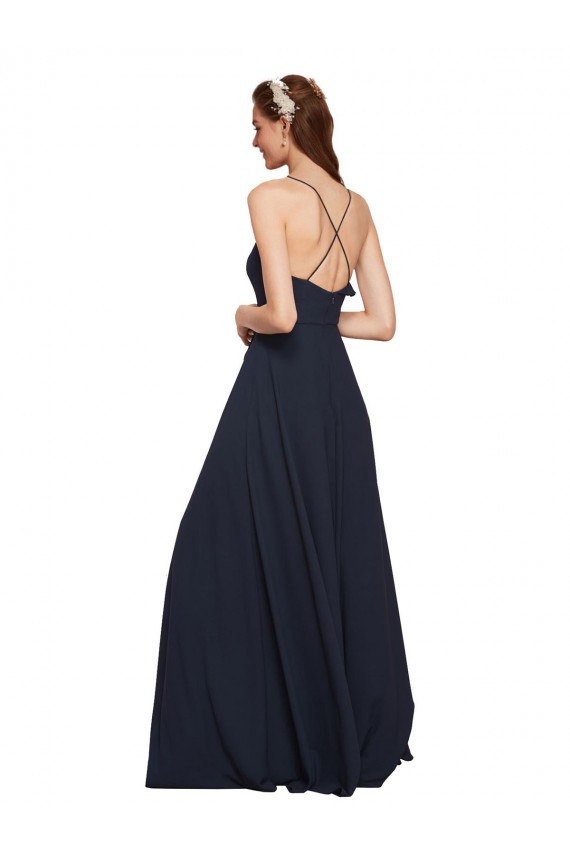 Bleu marine foncé Trapèze Bretelles spaghetti Col V Mousseline Longue Robes demoiselle d'honneur Outlet