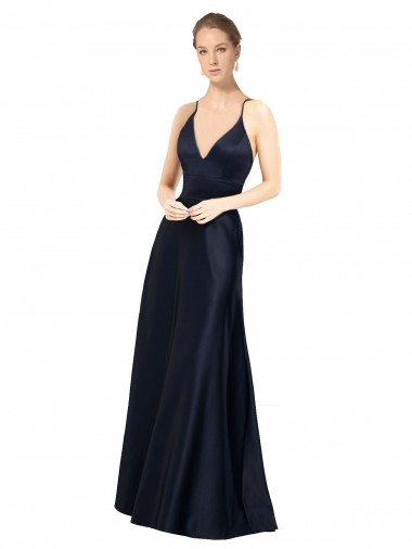 Bleu marine foncé Trapèze Bretelles spaghetti Col V Satiné Longue Robes demoiselle d'honneur / Robes de bal Pas Chre