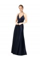 Bleu marine foncé Trapèze Bretelles spaghetti Col V Satiné Longue Robes demoiselle d'honneur / Robes de bal Outlet