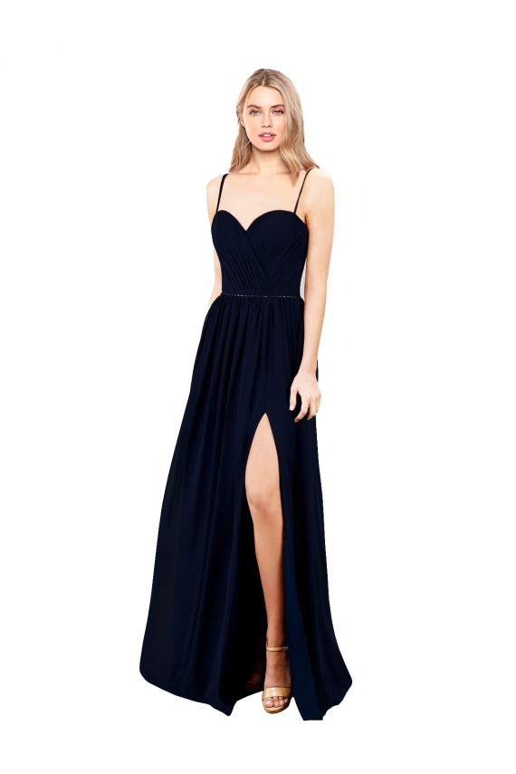 Bleu marine foncé Trapèze Bretelles spaghetti Mousseline Longue Formelles Robes demoiselle d'honneur / Robes de soirée Outlet