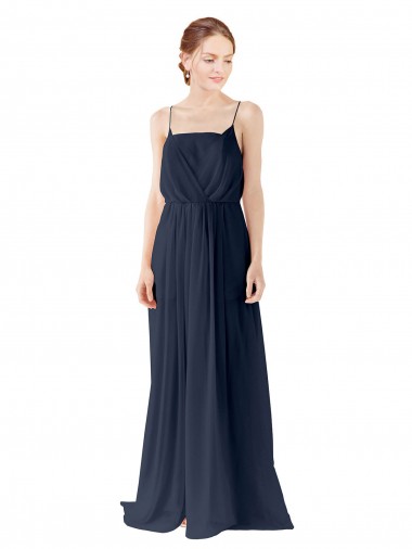 Bleu marine foncé Trapèze Bretelles spaghetti Mousseline Longue Robes demoiselle d'honneur Pas Chre