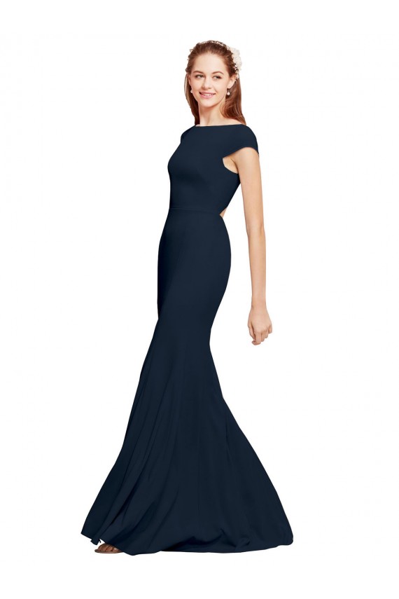 Bleu marine foncé Trapèze Col Bateau Crêpe Stretch Longue Formelles Robes demoiselle d'honneur / Robes de soirée / Robes de bal Outlet