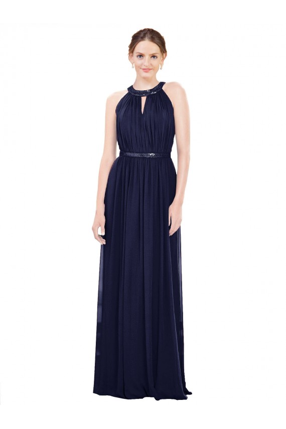 Bleu marine foncé Trapèze Col Haut Mousseline Longue Robes demoiselle d'honneur Outlet