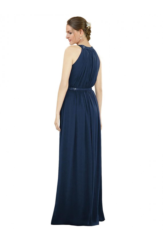 Bleu marine foncé Trapèze Col Haut Mousseline Longue Robes demoiselle d'honneur Outlet