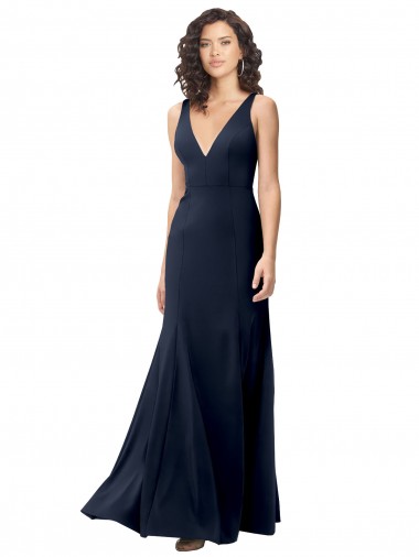 Bleu marine foncé Trapèze Col V Crêpe Stretch Longue Formelles Robes demoiselle d'honneur / Robes de soirée / Robes de bal Pas Chre