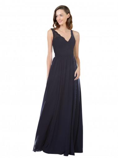 Bleu marine foncé Trapèze Col V Mousseline Dentelle Longue Robes demoiselle d'honneur Pas Chre