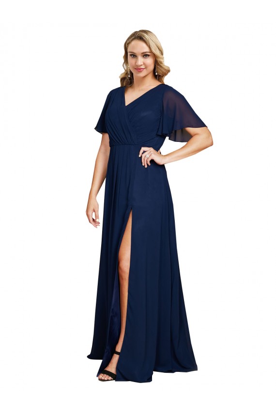 Bleu marine foncé Trapèze Col V Mousseline Longue Formelles Robes demoiselle d'honneur / Robes de soirée / Robes de bal Outlet